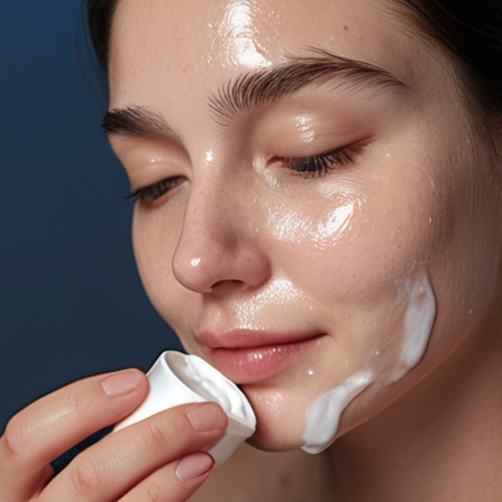 **
Prompt: *A woman applies a generous layer of hydrating cream to her face before bed. Soft lighting, serene atmosphere. Emphasis on moisture and skincare. Nighttime beauty routine, focus on hydration.*
**