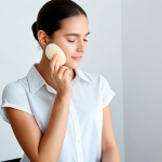 A professional woman with clear, healthy skin, meticulously applying a lightweight, non-comedogenic foundation with a soft, clean makeup sponge. She is dressed in a modest business blouse, ensuring her arms and shoulders are fully covered. The setting is a bright, clean, minimalist beauty studio with soft, natural lighting. The image emphasizes a natural, radiant complexion achieved through careful, gentle application. safe for work, appropriate content, fully clothed, professional, perfect anatomy, correct proportions, natural pose, well-formed hands, proper finger count, natural body proportions, professional photography, high quality, ultra-detailed.