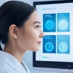 여드름 전용 스킨케어 추천 - **AI Skin Diagnosis and Personalized Skincare:**
"A young adult, with clear and radiant skin, st...