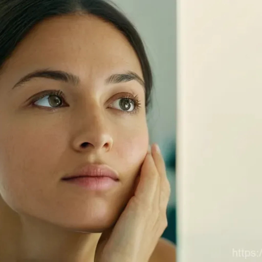 피부 혈관 제거 시술 - A close-up, natural portrait of a woman in her late 20s or early 30s, gently touching her cheek whil...