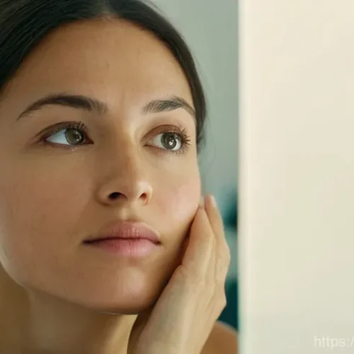 Home 26 피부 혈관 제거 시술 - A close-up, natural portrait of a woman in her late 20s or early 30s, gently touching her cheek whil...