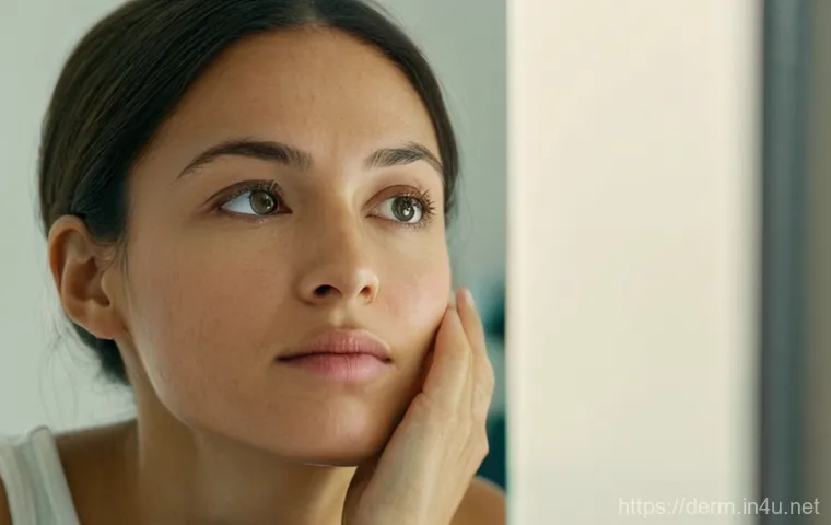 피부 혈관 제거 시술 - A close-up, natural portrait of a woman in her late 20s or early 30s, gently touching her cheek whil...